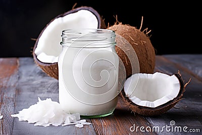 coconut oil in a glass jar with a stack of fresh coconuts in the background Stock Photo