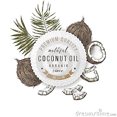 Coconut oil label with type design over hand drawn coconuts and leaves Vector Illustration