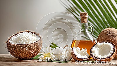 Coconut oil, leaves flower lotion natural therapy exotic scented essential wellness Stock Photo