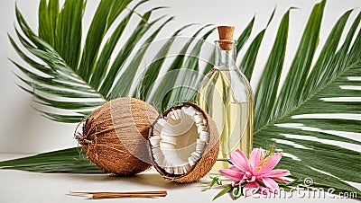 Coconut oil, leaves and flower lotion products ingredient exotic scented essential Stock Photo