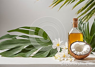 Coconut oil, leaves and flower lotion natural ingredient exotic scented essential wellness Stock Photo