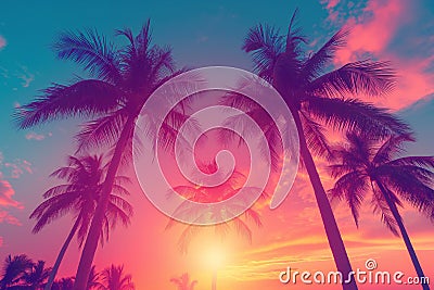 Coconut palm trees silhouetted against a spectacular sky, trees at sunset. The image is generated with the use of an AI. Stock Photo