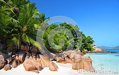 Coast of the tropical island La Digue at Anse Severe beach, Indian ocean, Seychelles. Stock Photo