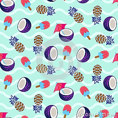 Coconut, pineapple and ice cream seamless vector pattern. Vector Illustration