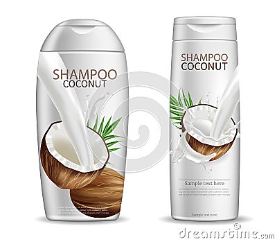 Coconut shampoo Vector realistic. Product packaging mock up. Container bottles isolated. 3d detailed illustrations Vector Illustration