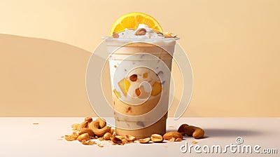 Realistic Coconut Smoothie With Peanut Butter And Dried Fruits Topping Stock Photo