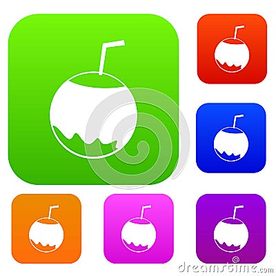 Coconut with straw set collection Vector Illustration