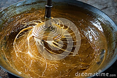 Coconut sugar production process by coconut farmers in Ratchaburi province Stock Photo