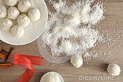 Coconut sweets for Christmas holidays freshly made detail top view Stock Photo