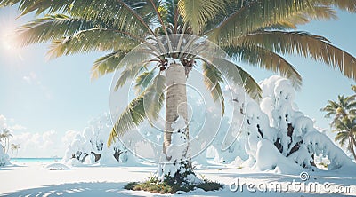 Coconut trees adorned with a delicate layer of white foam, exuded a whimsical charm, as if touched by a magical spell. Stock Photo