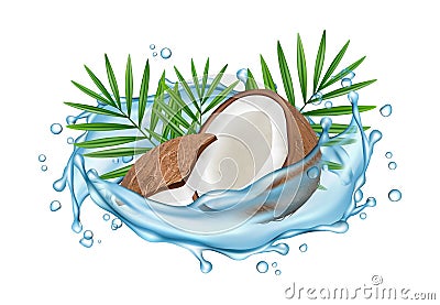 Coconut water vector concept. Realistic coconut, water splashes and palm leaves Vector Illustration