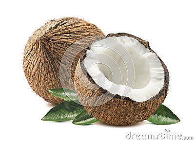 Coconut whole cut half leaves composition isolated white background Stock Photo