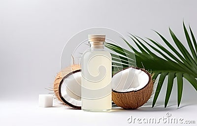 coconuts and coconut oil with tropical leaves onwhite bathroom background Stock Photo