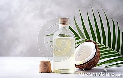 coconuts and coconut oil with tropical leaves onwhite bathroom background Stock Photo