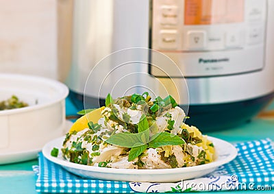 Cod fillet with greens Stock Photo