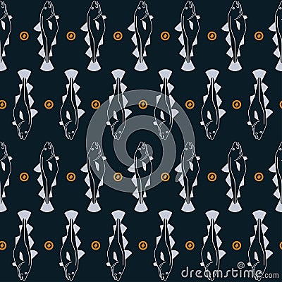Cod fish swimming vertically repeated pattern on navy blue Vector Illustration