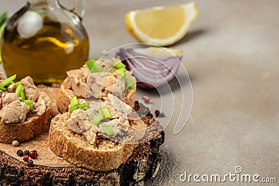 Cod liver fresh seafood healthy meal food. Sandwich with cod liver on rye bread. Health care concept. Natural source of omega 3 Stock Photo