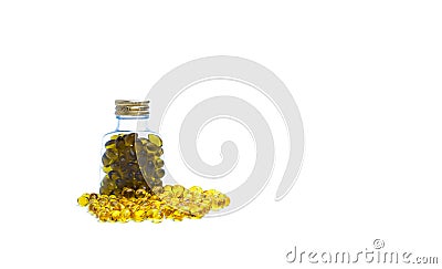 Cod liver oil in translucent plastic bottle with blank label on white background. Source of Omega-3 and vitamin A & D helps growth Stock Photo