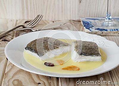 Cod with Pil Pil Sauce, Basque cookery. Stock Photo