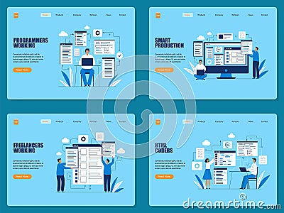 Codders landing. freelance workers making programming code smart industry characters designers. Vector web page template Vector Illustration