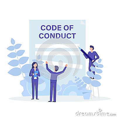 Code of conduct concept flat illustration. People working, discussing and create rules, principles, values, and employee Vector Illustration
