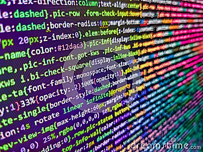 Code on dark background. Abstract concept graphic tec. Website codes on comput. Web server data on a monitor. Mobile application Stock Photo