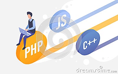 Code development work, web engineering, coder sitting on programming languages coins Vector Illustration