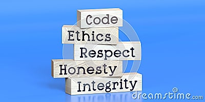 Code, ethics, respect, honesty, integrity - words on wooden blocks Cartoon Illustration