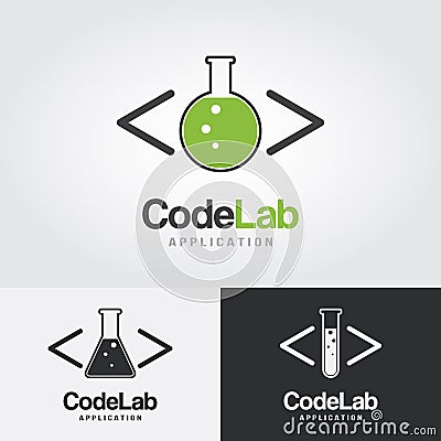 Code Lab Logo Design Template with chemistry laboratory glassware design concept for Software development, Software application, Vector Illustration