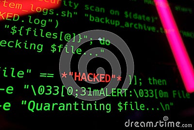 Code line with word hacked on it. Hacker concept. Hacking online concept Stock Photo