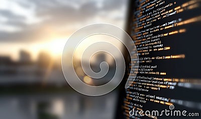 Code tapestry: innovative wallpaper featuring flowing computer code, reflecting beauty of software structure, merging Stock Photo