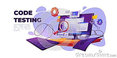 Code testing functional test for pc cartoon banner Vector Illustration