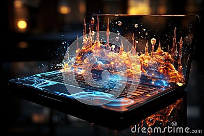 Code to the Stars: Journey into the future as a laptop transforms into a rocket, propelled by lines of code and illuminated by the Cartoon Illustration
