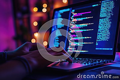 Coder typing on laptop with colorful code on screen in dimly lit room Stock Photo