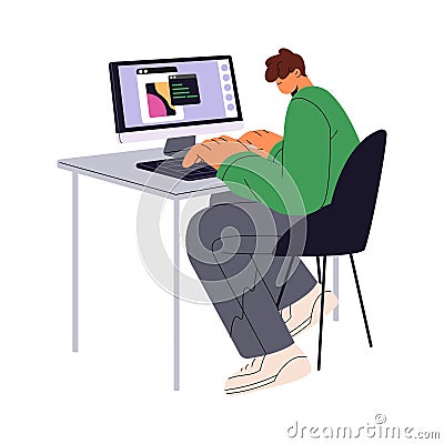Coder writing code on computer. Digital designer typing, developer sitting on chair. Professional software engineer work Vector Illustration