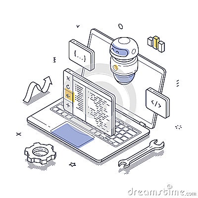Coding and automation with a laptop and ai-powered code generation elements Vector Illustration