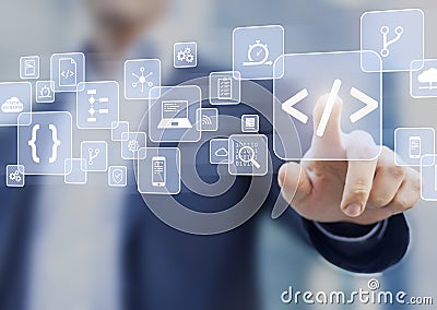 Coding concept with software developer touching code symbol and icons Stock Photo