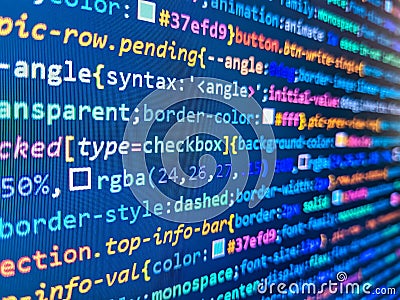 Coding hacker concept. HTML code. Developer working on program codes. Technology concept hex code digital background. Code on dark Stock Photo