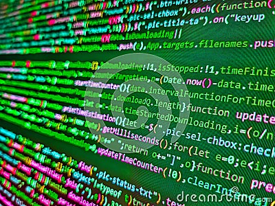 Coding hacker concept. Lots of digits on the computer screen. Website design. Minificated web development javascript code close up Stock Photo