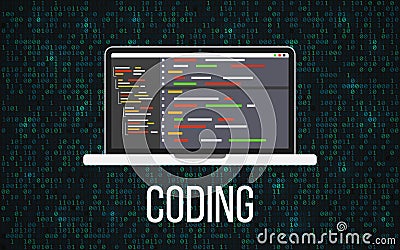 Coding laptop concept on binary background. Programming desktop and matrix backdrop. Monitor with program code. Mobile Vector Illustration