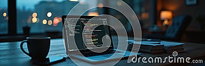 Coding on laptop in dark office. Workplace with coffee and smartphone on wooden table. Computer screen with code, keyboard, Stock Photo