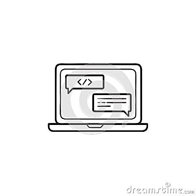 Coding on a laptop hand drawn outline doodle icon. Vector Illustration