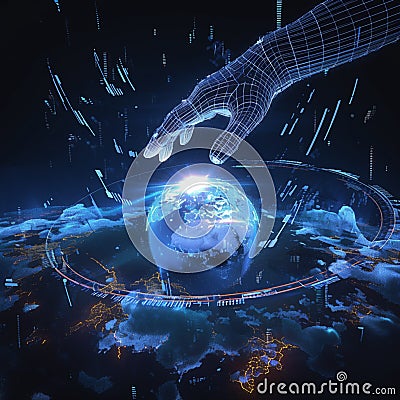 Coding meets virtual reality digital planet manipulated by virtual hand Stock Photo