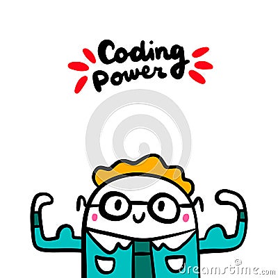 Coding power hand drawn vector illustration in cartoon style. Programmer strong Cartoon Illustration