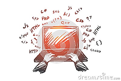 Coding, programmer, laptop, internet, work concept. Hand drawn isolated . Cartoon Illustration