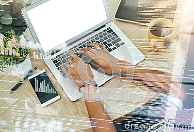 Coding, programming and digital cyber security by hands in the office typing on laptop working on backend of website Stock Photo