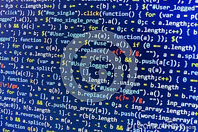 Coding programming source code screen. Colorful abstract data display. Software developer web program script. Stock Photo