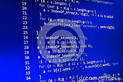 Coding programming source code screen. Colorful abstract data display. Software developer web program script. Stock Photo