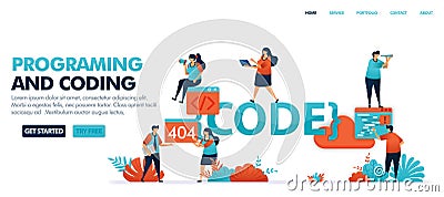 Coding and programming to find bugs in code set in solving error problems, 404, not found. Programming for software and mobile app Vector Illustration