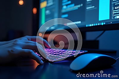 Coding session at home computer programming technology digital workspace nighttime close-up Stock Photo